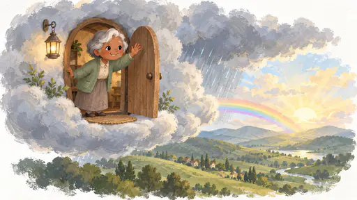 A petite older woman with short silver-grey hair and a green cardigan waves from a small round door with a welcome mat and a hanging lantern in the side of a thinning rain cloud drifting away over green hills as the sun breaks through below and a rainbow curves over them.