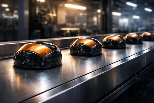 Close 3:2 product-photography of an assembly line showing products moving in precise alignment with industrial lighting and clean negative space for poster use.