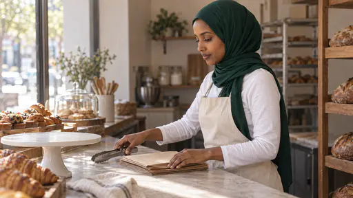 A woman in an emerald-green hijab, a cream apron and a white top sets steel tongs beside a stack of plain brown paper bags on a marble bakery counter in window light, a white cake stand and baskets of croissants and muffins beside her.