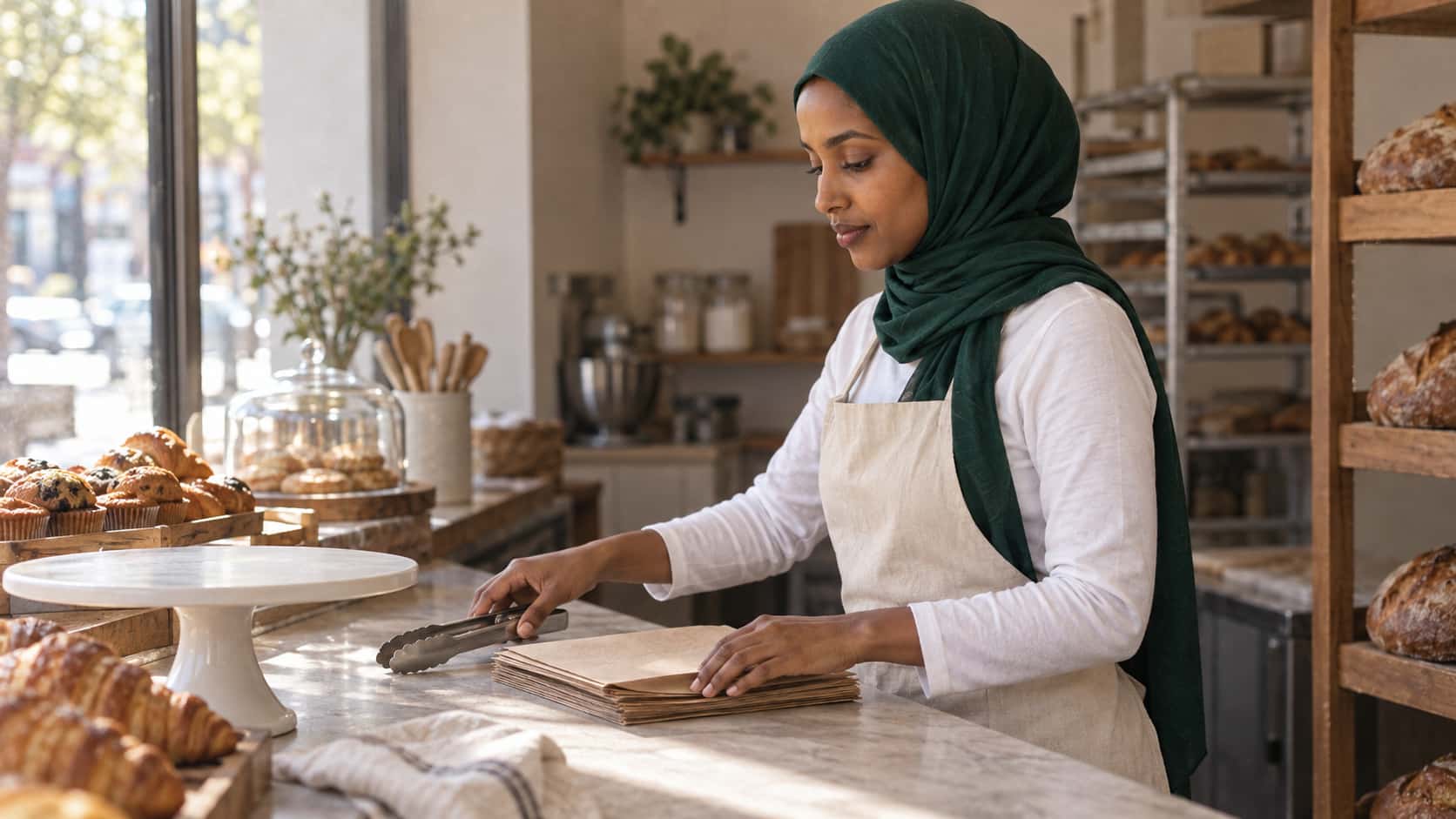 A woman in an emerald-green hijab, a cream apron and a white top sets steel tongs beside a stack of plain brown paper bags on a marble bakery counter in window light, a white cake stand and baskets of croissants and muffins beside her.
