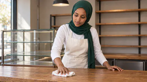 A woman in an emerald-green hijab, a cream apron and a white top wipes a bare wooden bakery counter with a white cloth, an empty glass display cabinet, bare shelves and an overhead lamp behind her.