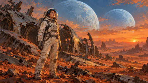 An astronaut in a white suit stands among the broken remains of a crashed spaceship on a barren alien plain with twin moons rising behind.