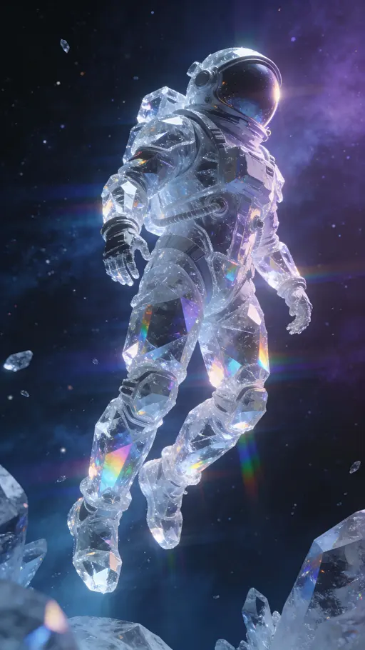 A lone astronaut in crystalline armor gently ascends in zero gravity against a deep starfield, prismatic highlights scatter across the suit, all framed vertically in a 9:16 cinematic crop.
