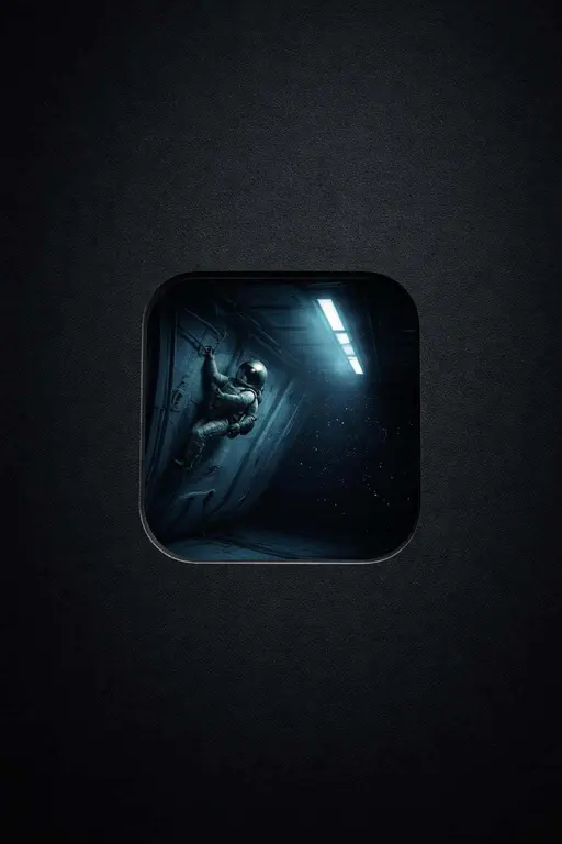 Portrait 2:3 with a deep charcoal background and soft vignette, a rounded square cutout in the lower-left third reveals a dim blue-lit room where gravity runs sideways and a small astronaut clings to the wall.