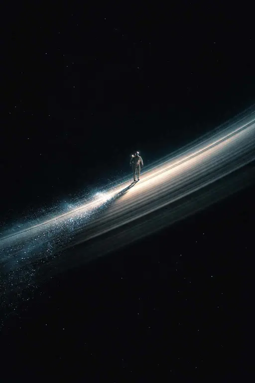 A tiny astronaut walks along a diagonal Saturn-like ring arc in a 2:3 frame, scattering cyan-silver ice dust that glitters against deep black space.