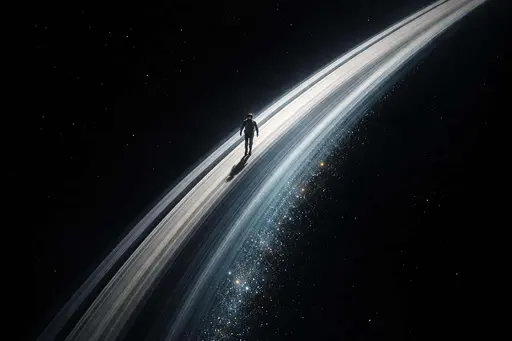 A tiny astronaut walks along the rising diagonal arc of a Saturn-like ring, kicking shimmering cyan and silvery ice dust that trails into warm amber glints against deep black space.