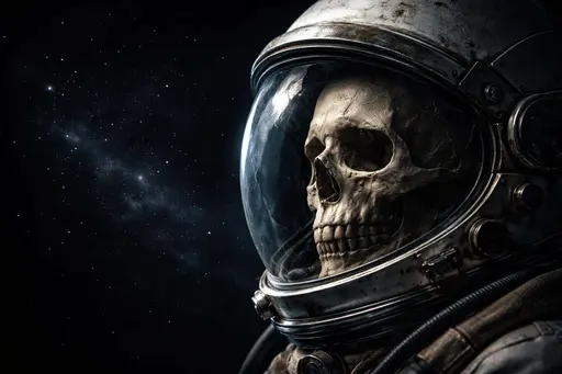 Close-up 3D render of a skull inside an astronaut helmet, framed for a 3:2 poster-cover with high-contrast neo-noir lighting and deep space background.