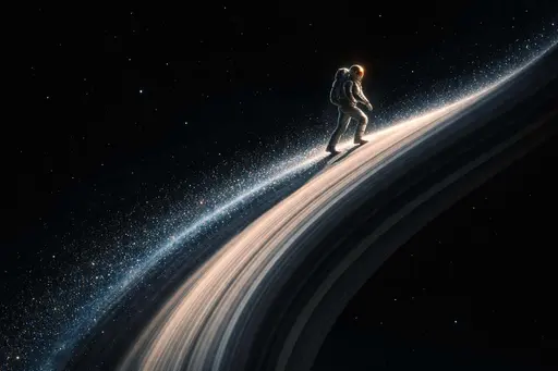 A tiny astronaut walks along a diagonal Saturn-like ring arc across a vertical 3:2 poster, stirring cyan and silver dust into a tapering trail while amber glints on the suit.