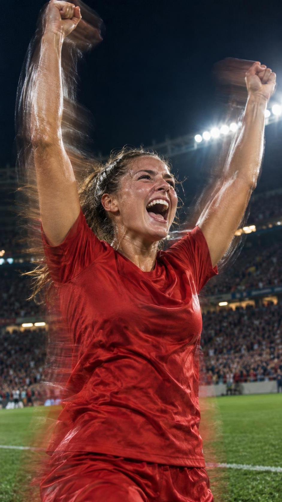 An adult female athlete in a jersey raises both arms in joyful victory on a football pitch under bright stadium floodlights at night with a roaring crowd blurred behind her.