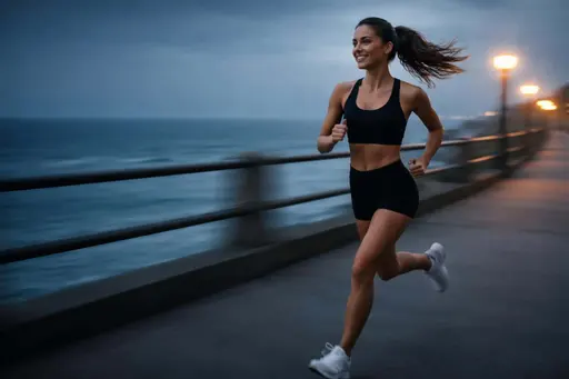 Cinematic 3:2 editorial photo at blue hour of an athletic woman running along a seaside boardwalk, sharp face and torso with lateral motion blur, cool slate and deep-teal tones with warm amber lamps.