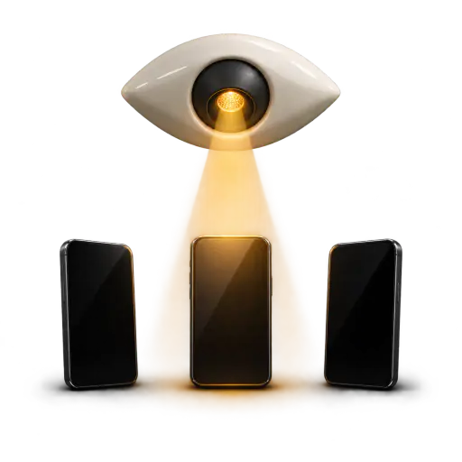 Attention is an auction: an eye-shaped spotlight points one narrow beam at one of three competing phones, a metaphor for sources competing to acquire your focus.