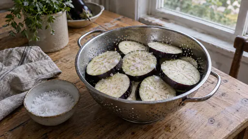 Thick round slices of aubergine lie in a steel colander on a pine table with coarse salt on the cut faces and small beads of moisture, a bowl of salt and a folded cloth beside it in even daylight.