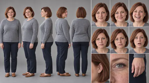 A 16:9 studio character sheet of a woman with an auburn bob in a grey sweater, navy trousers and tan loafers, shown in five full-body views, six expressions and three close details of hair, eye and hand.
