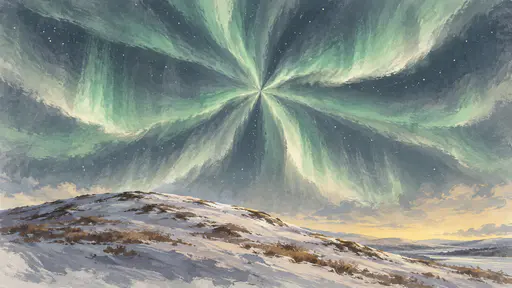 An aurora corona spreads overhead with its rays converging toward one point in a soft dusty gouache night sky above a snow-covered hill.