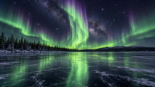 A tall green aurora curtain with a violet fringe hangs above a frozen lake with snow-dusted spruce and a distant ridge in a star-filled night sky.