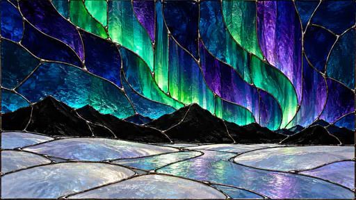 Tall green and violet aurora curtains rendered as leaded stained glass rise above a black ridge silhouette over snow fields.