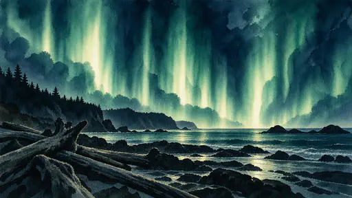 Sharply separated aurora rays stand like bars at even intervals above a dark coastline built as glowing watercolor reserves.