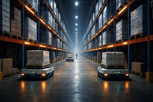 A dramatic 3:2 industrial photograph of an automated warehouse aisle with mobile robots, barcode indicator lights, and strong architectural framing for a poster cover.