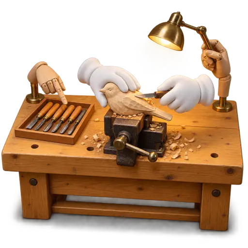 Automation is an extra pair of hands. On a pine workbench a pair of white cartoon gloves carves a small wooden bird clamped in a vise, while exactly two jointed wooden helper hands mounted to the bench sort a tray of tools and hold a brass task lamp, showing a supporting system handling routine work while a person focuses elsewhere.