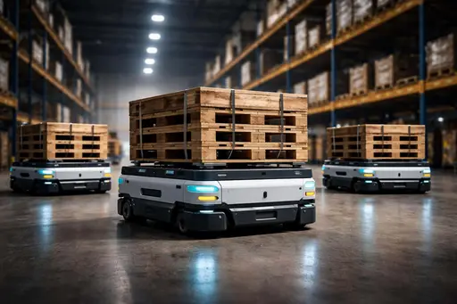 Three autonomous robots moving wooden pallets in a 3:2 industrial photography composition, low-angle view for poster-cover or editorial use.