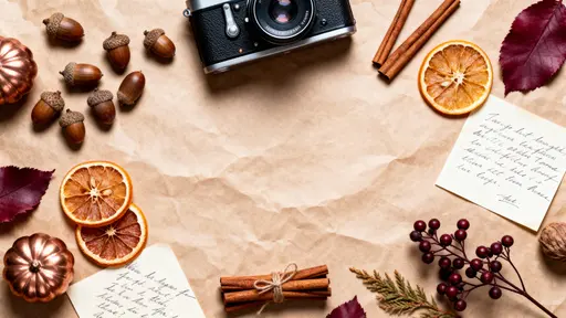 A top-down symmetrical flat-lay of autumn treasures—acorns, dried orange slices, cinnamon sticks, handwritten notes and a vintage camera—on a parchment-toned background with even focus, preserved textures, warm neutrals and copper and muted