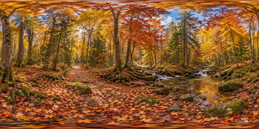 A full 360 degree equirectangular panorama from the centre of an autumn forest clearing with tall trees in gold and red leaves, a carpet of fallen leaves, a small stream and a path leading away.