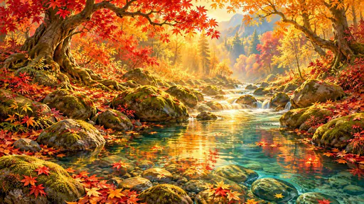 Streamside trees in full autumn colour with red, orange and golden leaves are reflected in a slow clear stream over mossy stones with fallen leaves floating.