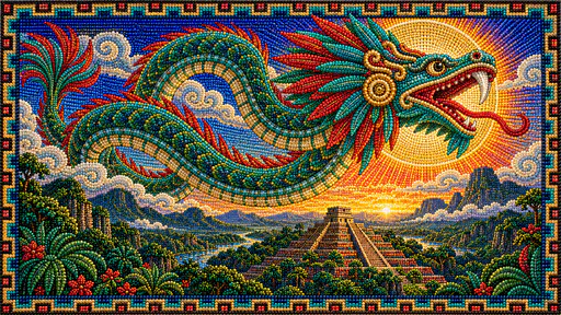 The Aztec feathered serpent god Quetzalcoatl, an immense serpent with green quetzal plumes and a red crest, coils in a sunrise sky above a stepped pyramid in colourful beads.