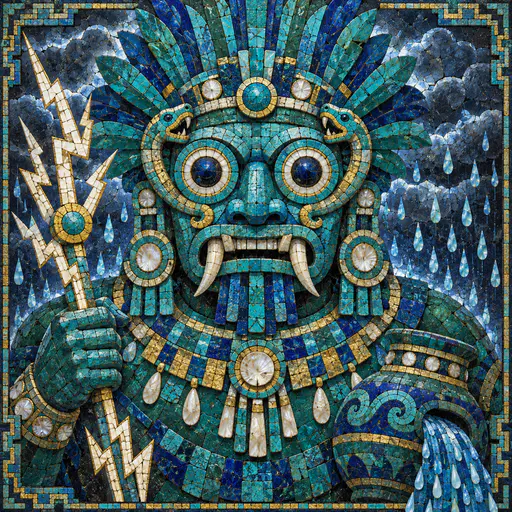 The Aztec rain god Tlaloc with goggle eyes ringed by serpents, long fangs and a feather crown holds a lightning staff beside a rain jar among storm clouds in turquoise mosaic shards.