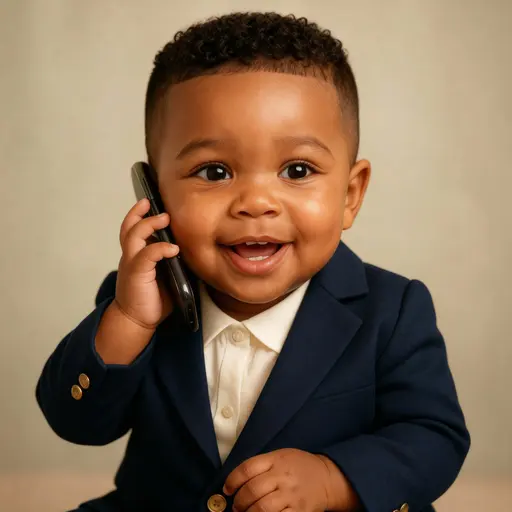 Modify the photographed baby to appear as a baby boy by changing the hairstyle to a short tapered cut, removing the visible earring, and restyling the blazer.