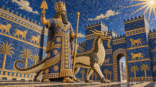 The Babylonian god Marduk in a horned crown with a spade stands beside the scaled dragon Mushussu before lapis blue glazed brick walls with lions and bulls in broken tile shards.