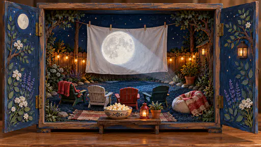 A backyard movie night with a bedsheet screen, lawn chairs, blankets and a bowl of popcorn glows under a moon that beams down like a projector lamp in a painted cabinet.