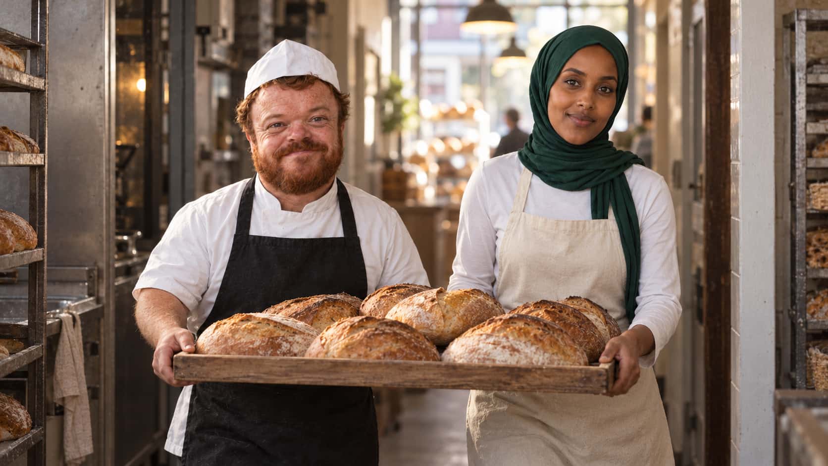 A baker with a thick red-brown beard and a white paper cap and a woman in an emerald-green hijab and a cream apron carry a large wooden tray of golden loaves between them along a narrow bakery passage in soft light.