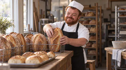 A baker with a thick red-brown beard and a white paper cap, in a white jacket and black apron, places a golden loaf into a wire display basket on a wooden counter lined with baskets of loaves and a tray of rolls, a small step stool and racks of bread behind him.