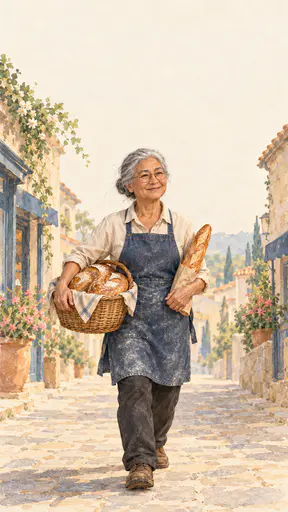 A silver haired fictional baker in round glasses and a denim apron carries a wide basket of loaves along a quiet morning street in a soft gouache picture book style.