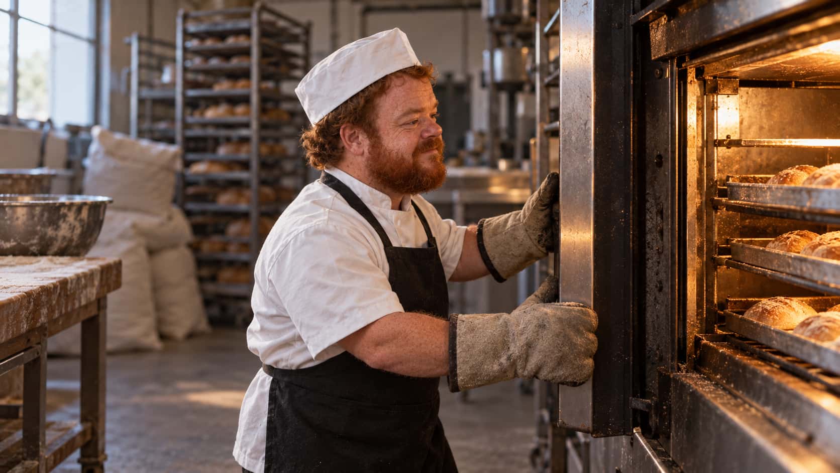 A baker with a thick red-brown beard and a white paper cap, in a white jacket, black apron and thick oven gloves, opens a large oven door to look at trays of rolls, racks of bread, flour sacks and a flour-dusted table behind him.