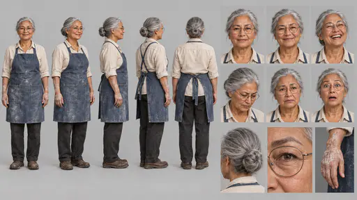 A fictional adult woman baker in her sixties with a silver bun and round glasses shown in five full body views, six expressions and three details on neutral grey.