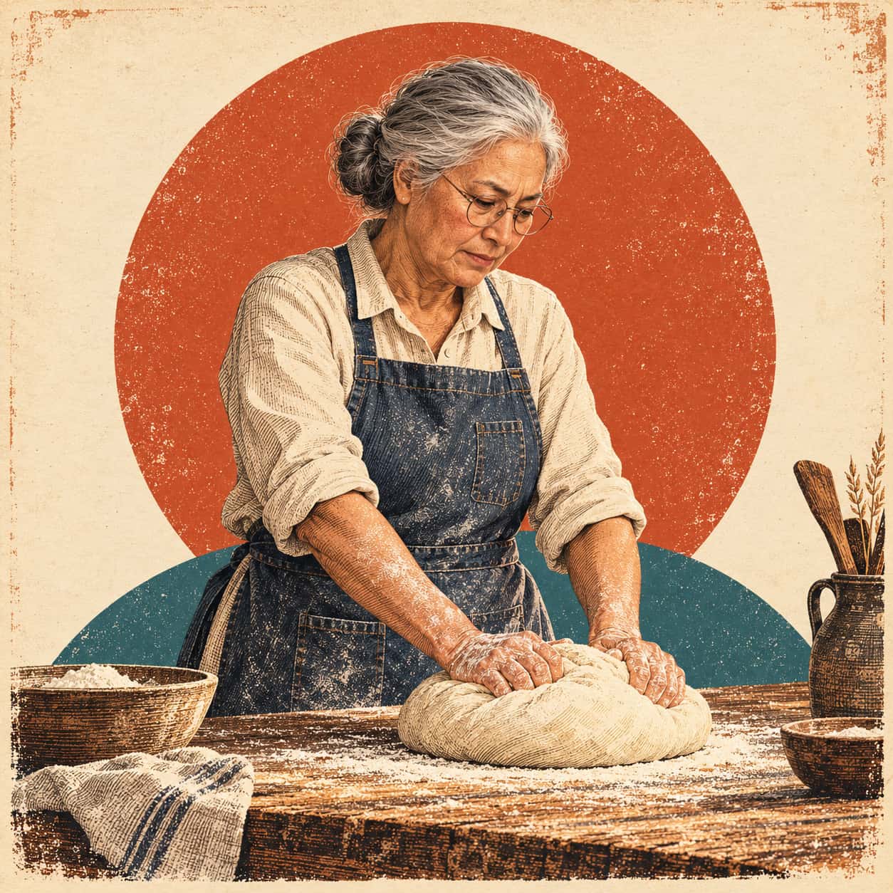 A silver haired fictional baker in round glasses and a denim apron kneads a large round of dough on a floured table before terracotta and teal discs in a vintage poster style.