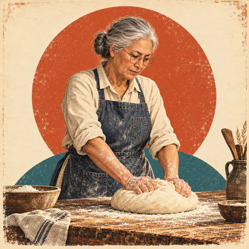 A silver haired fictional baker in round glasses and a denim apron kneads a large round of dough on a floured table before terracotta and teal discs in a vintage poster style.