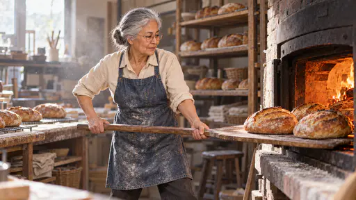 A silver haired fictional baker in round glasses and a denim apron lifts golden loaves from a brick oven on a wooden peel at first light in a film photograph.
