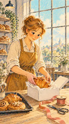 An adult baker with rolled sleeves lowers a croissant into a plain white pastry box at a counter beside a tray of pastries, a ribbon spool and scissors in morning window light.