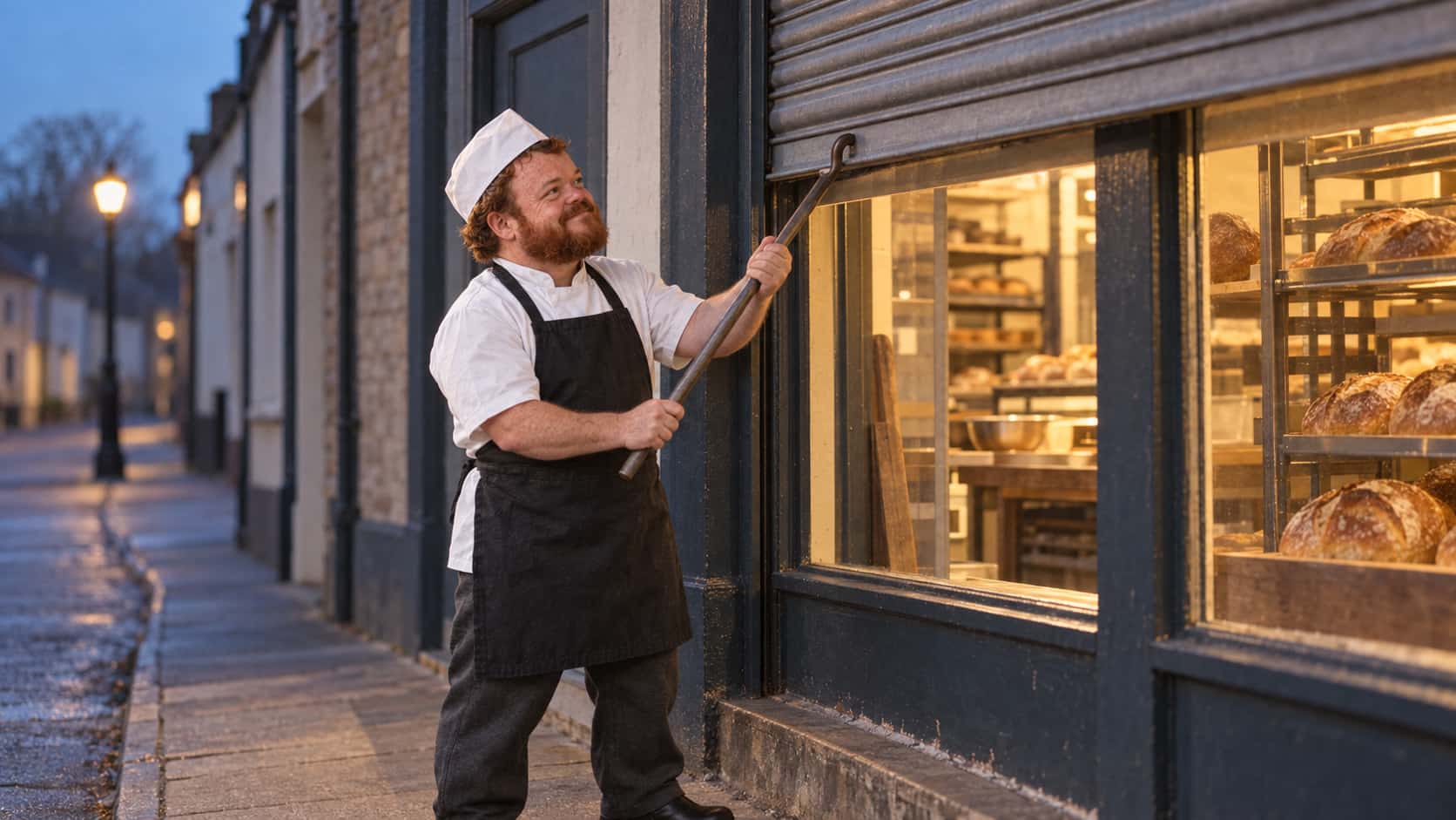 A baker with a thick red-brown beard and a white paper cap, in a white jacket, black apron and grey trousers, pulls up a roll-up shutter above a bakery window with a long hooked pole at predawn, racks of bread glowing inside and a street lamp and cool blue sky behind.