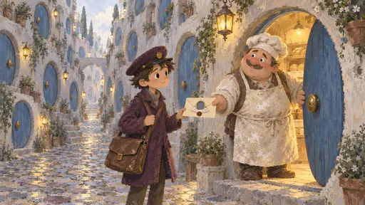 A round baker in a flour-dusted apron holds open one of many identical round blue doors in a narrow lane, shaking his head with a kind smile and handing a sealed envelope back to a lanky courier in a plum coat, warm lamplight spilling onto the cobbles.