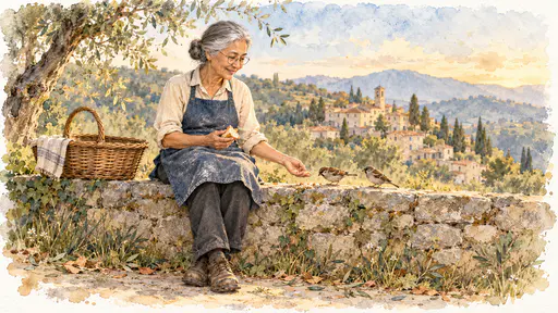 A silver haired fictional baker in round glasses and a denim apron sits on a stone wall beside an empty basket and shares the last crust with two sparrows in soft watercolor.