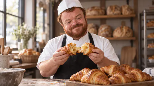 A man with dwarfism, a thick red-brown beard and a white paper cap, in a white baker's jacket and black apron, holds a torn croissant open in both hands behind a bakery counter, a board of golden croissants in front of him and shelves of loaves behind.