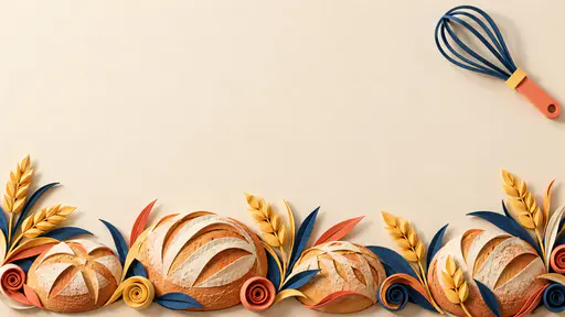 A cut paper hero background has a low border of stacked wheat sprigs and round loaves and a corner whisk in coral, deep blue and butter yellow around a wide open cream field.