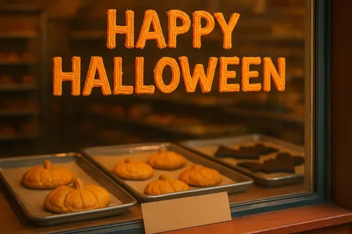 Corner bakery window staged for Halloween with hand-piped buttercream script, crystal-highlighted frosting, trays of pumpkin hand pies and bat cookies, and a blank kraft placard on the sill for copy.