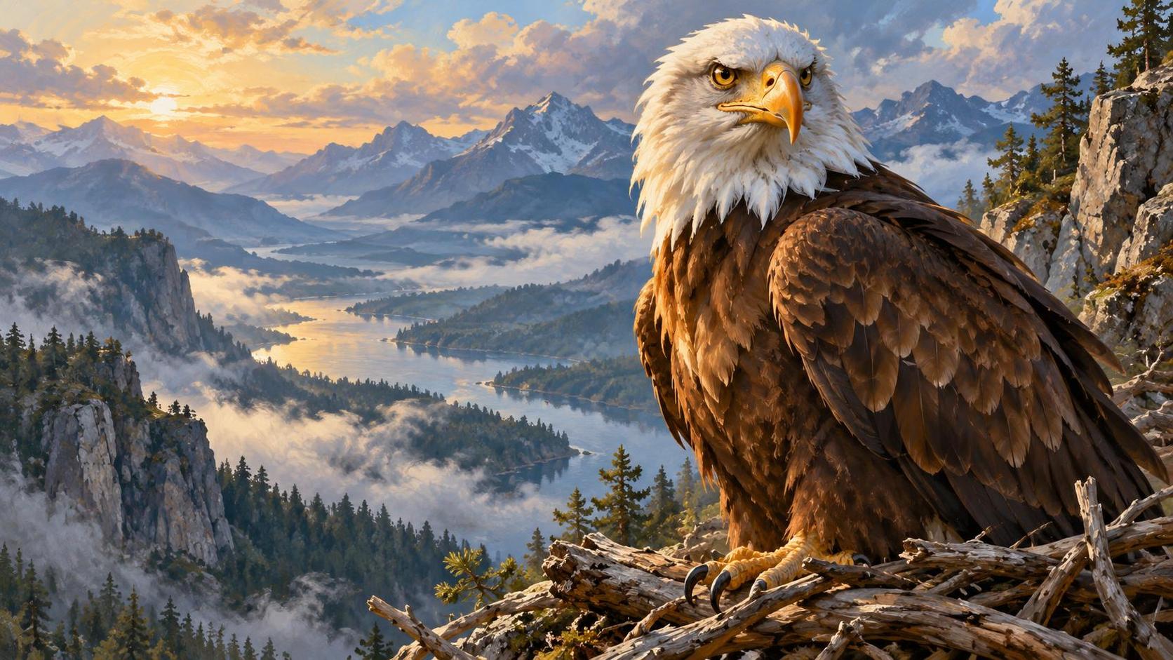 A bald eagle with piercing yellow eyes watches from its cliffside aerie with brown and white feathers ruffled by wind above a vast misty valley.
