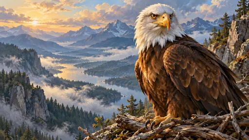 A bald eagle with piercing yellow eyes watches from its cliffside aerie with brown and white feathers ruffled by wind above a vast misty valley.