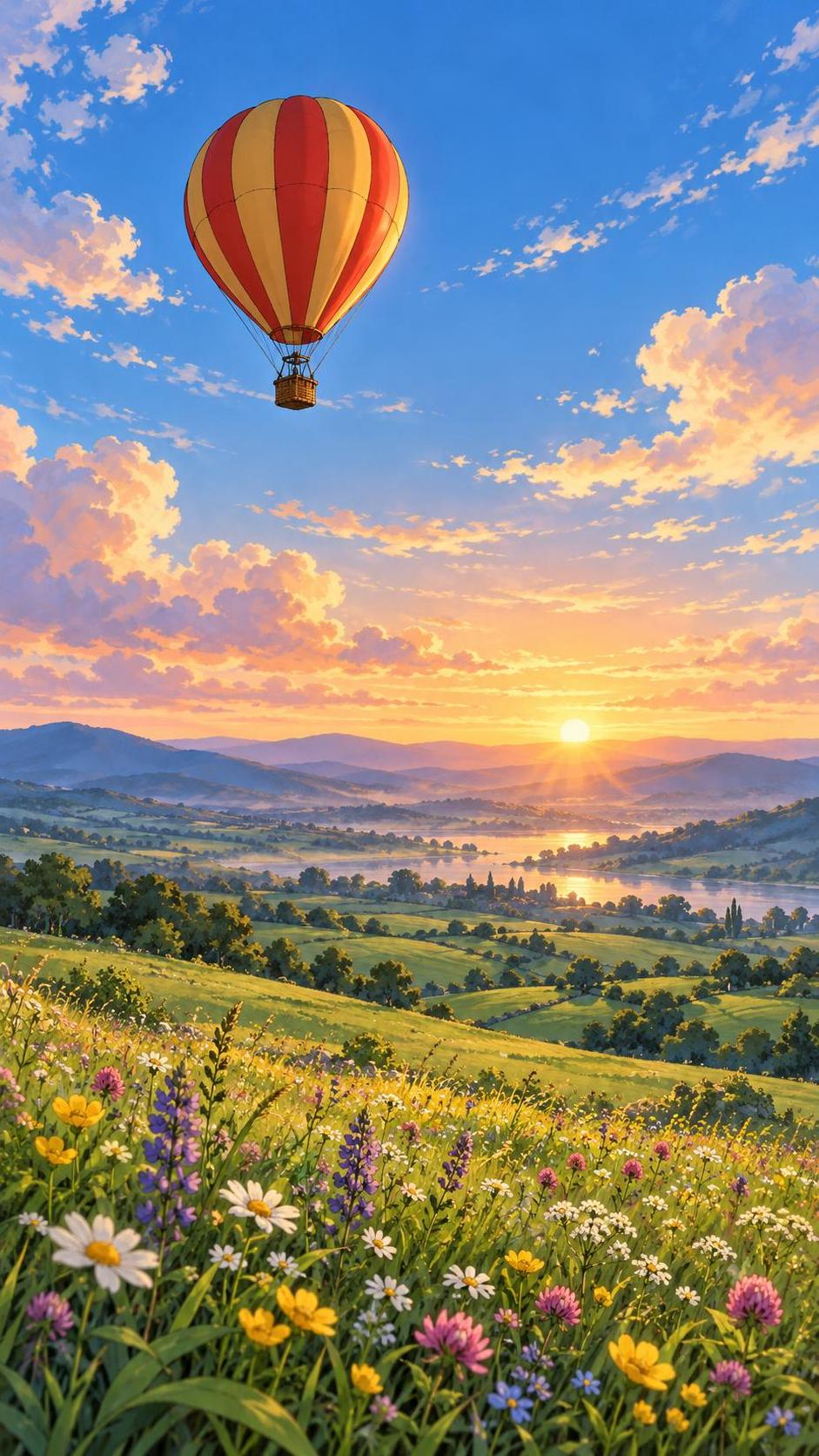 A single colorful hot air balloon floats over a wide green field of wildflowers at sunrise with soft clouds and distant hills.